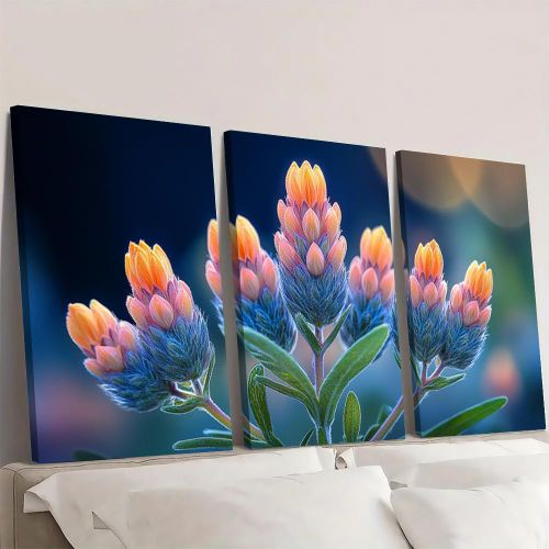 Tableau Mural Fleurs Lumineuses et Exotiques 3 Pièces 60 x 40 cm - Toile Canvas HD - Macro Photographie Moderne - Décoration Salon Chambre Bureau - Châssis en Bois
