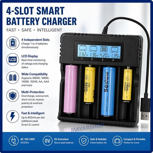 Chargeur Intelligent 4 Emplacements pour Batteries Rechargeables – Écran LCD, Charge Rapide & Protections Multiples – Compatible 18650, 16340, 26650, AA, AAA etc...