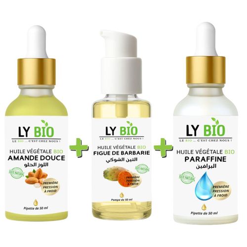 PACK HUILE AMANDE DOUCE 50ML - PIPETTE HUILE FIGUE DE BARBARIE 50ML - POMPE HUILE PARAFFINE 50ML - PIPETTE