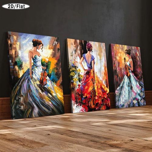 Tableau Lot de 3 Femme Élégante au Violon Style Artistique Coloré Décoration Murale Salon
