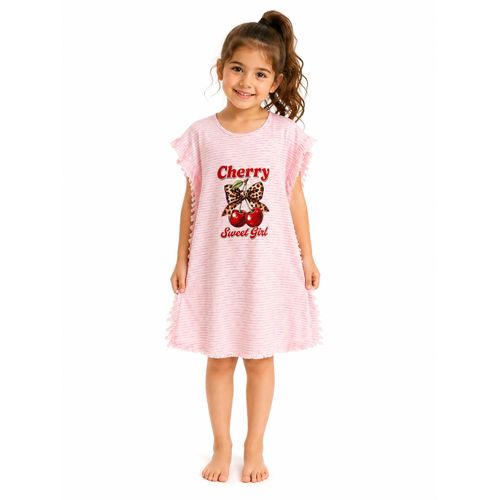 Robe Fille Rose à Rayures – Cherry Sweet Girl – Manches Volantées