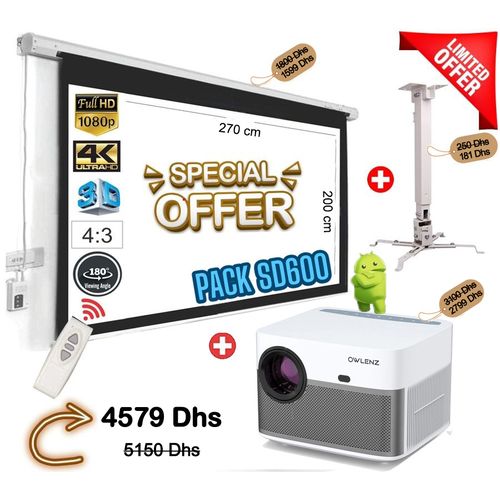 Full PACK Projecteur SD600 ANDROID 9.0 + Ecan + Support