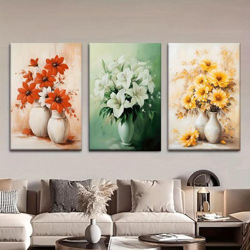 Tableau floral lot de 3 – bouquets de fleurs style peint à l'huile orange, blanc et jaune pour salon et chambre
