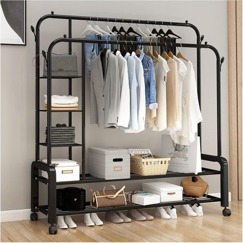 Portant à Vêtements Double Barre en Métal avec Roulettes et Étagères – Capacité 70 kg – Rangement Mobile Robuste pour Chambre, Entrée, Bureau ou Dressing – Couleur Noire