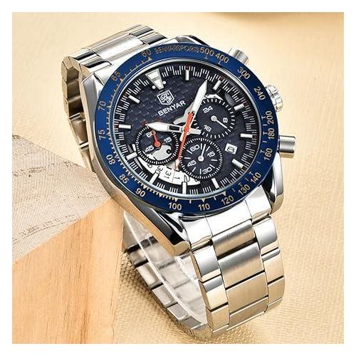 ساعة كرونوغراف للرجال بنيار - من الستانلس ستيل، قرص أسود مع لمسات ذهبية