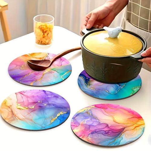 dessous de verre isothermes en bois carton à motif artistique fluide arc-en-ciel - Sous-verres multifonctionnels antidérapants, adaptés pour la cuisine, la table à manger, le plan de travail, la plaque de cuisson, essentiels pour la maison, le bu