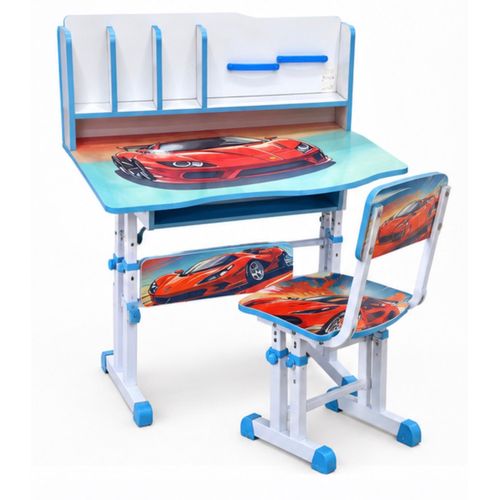 Bureau scolaire réglable pour enfant avec chaise – Motif voiture de sport