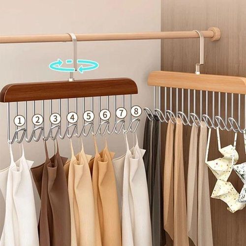 Ensemble de 3 Cintres Porte-Accessoires en Bois 8 Crochets Antidrapants Rotation 360 Gain de Place Armoire