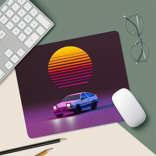 Tapis de souris en caoutchouc pour passionn de voitures I-Initial D - Base antidrapante tapis de bureau durable et portable pour bureau tude et jeux design coucher de soleil vibrant avec voiture de sport violette parfait pour les amateurs de voit