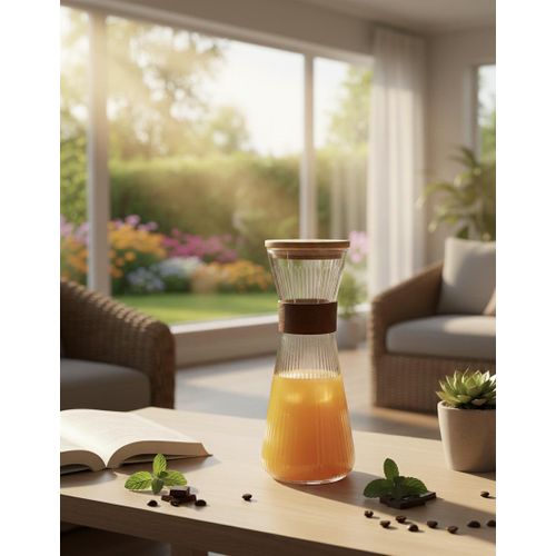 Carafe à eau à jus bouteille à eau à jusen verre avec couvercle en bambou et en très joli design قنينة عصير قنينة ماء من الزجاج مع سدادة من خشب البامبو بتصميم راقي و مميز و جودة عالية