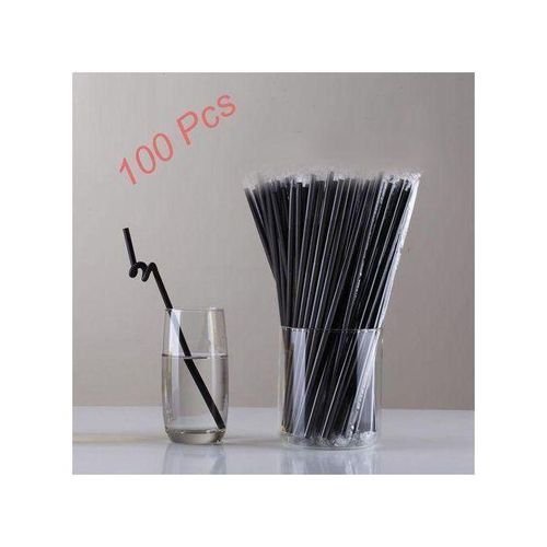 Lot de 100 pailles courbées et flexibles en plastique noir jetables