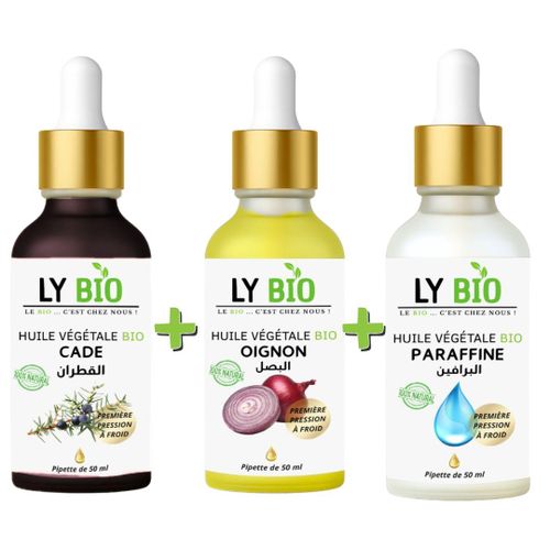 PACK HUILE CADE 50ML - PIPETTE HUILE OIGNON 50ML - PIPETTE HUILE PARAFFINE 50ML - PIPETTE