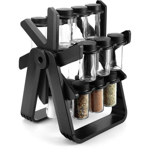 حامل توابل دوار بقاعدة ثابتة مع عبوات زجاجية وملصقات قابلة لإعادة الكتابة لتنظيم المطبخ