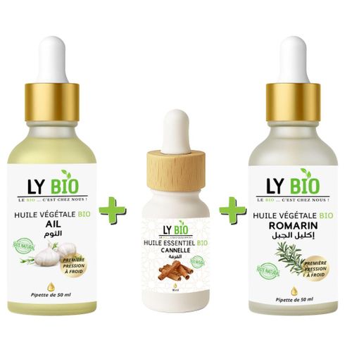 PACK HUILE AIL 50ML - PIPETTE + HUILE ESSENTIEL CANNELLE 10ML + HUILE ROMARIN 50ml - PIPETTE