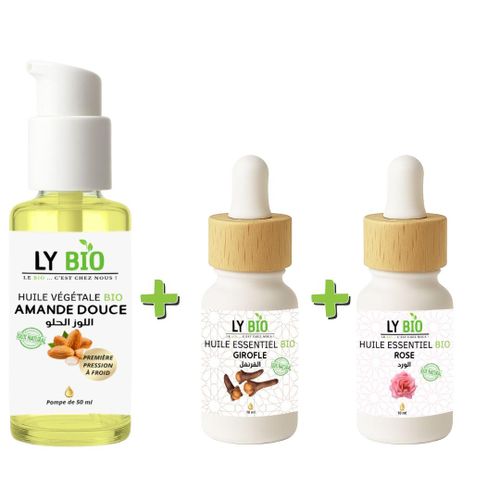 PACK HUILE AMANDE DOUCE 50ml - POMPE + HUILE ESSENTIEL GIROFLE 10ML + HUILE ESSENTIEL ROSE 10ML