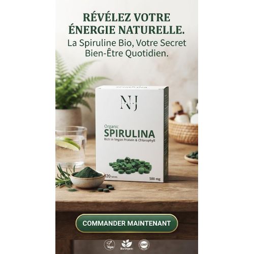Spirulina Organic NJ – Riche en Protéines Végétales & Chlorophylle (120 Comprimés / 500 mg)