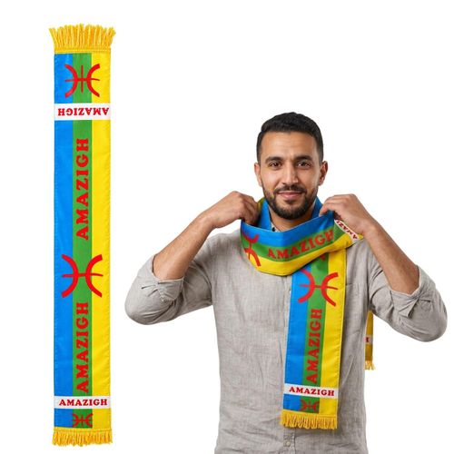 Écharpe Amazigh Traditionnelle – Foulard Multicolore avec Franges Jaunes et Motifs Culturels
