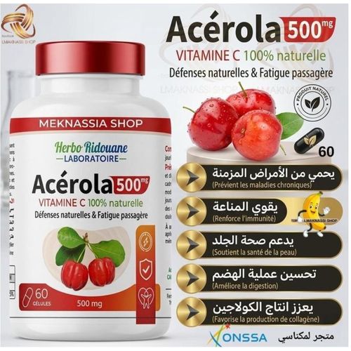 Comprimés de Vitamine C Supplément pour le soutien immunitaire à base d'acérola, Vitamine C Complex et Acerola, 100% SANS CONSERVATEURS.