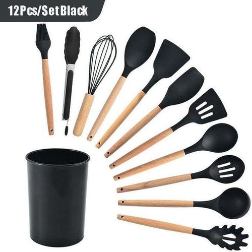 set d'ustensiles de cuisine en silicone et bois - Antiadhésif - 12 12 Pieces