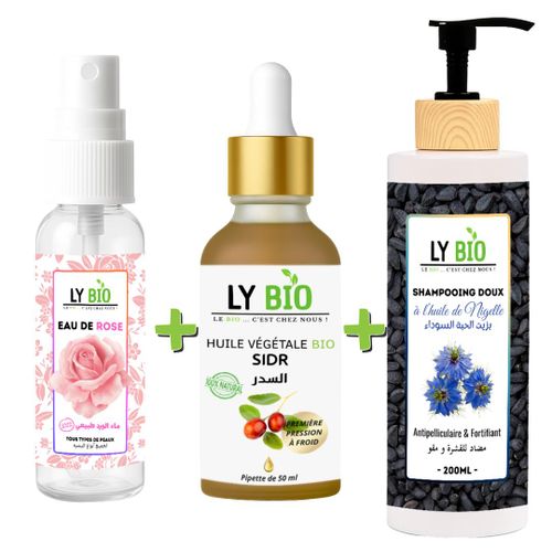 LYBIO PACK Eau de Rose 100ML + Huile de Sidr 50ML - Pipette + Shampooing à l'Huile de Nigelle 200ML