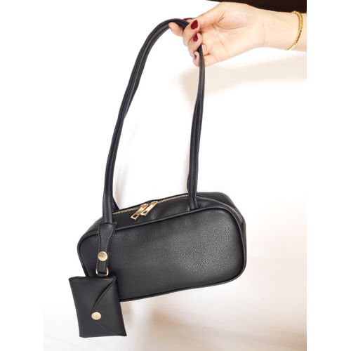 Sac à Épaule Femme Style Baguette en Simili Cuir avec Mini Porte-Monnaie - Noir
