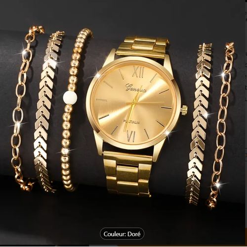 6pcs Ensemble de montre à quartz rond pour femmes élégantes et bracelet - Ton doré,