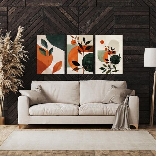 Triptyque de Tableaux Décoratifs Modernes - Art Abstrait Botanique Terracotta, Vert Forêt et Formes Géométriques sur Toile Canvas avec Châssis en Bois Invisible