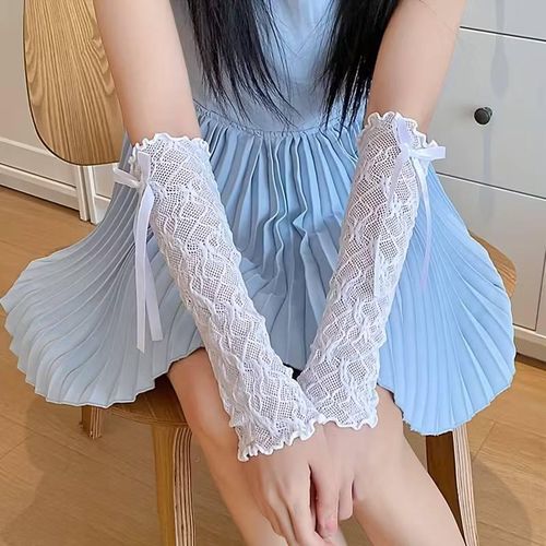 Gants longs blancs pour femmes, style Lolita dentelle, bretelles à nouer, manches longues, inspiration ballet Lolita Y2K.