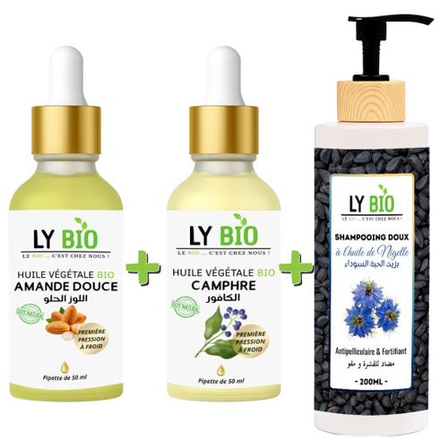PACK HUILE AMANDE DOUCE 50ML - PIPETTE + HUILE CAMPHREE 50ML - PIPETTE + SHAMPOOING A L'HUILE DE NIGELLE 200ML