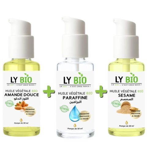 PACK HUILE AMANDE DOUCE 50ml - POMPE HUILE PARAFFINE 50ML - POMPE HUILE SESAME 50ml - POMPE