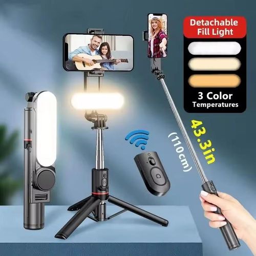 Perche Selfie L15 avec Trépied et Double Éclairage LED Amovible – Télécommande Bluetooth Sans Fil – Extensible 1.1 mètre – Compatible Android & iOS