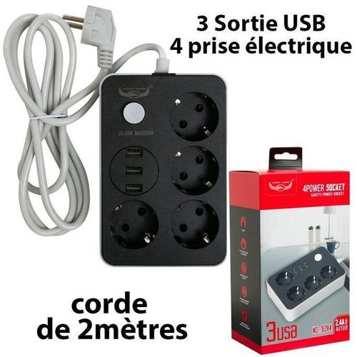 Rallonge 4 Prises 3 Ports USB avec Interrupteur Câble 2M Multiprise 2500W