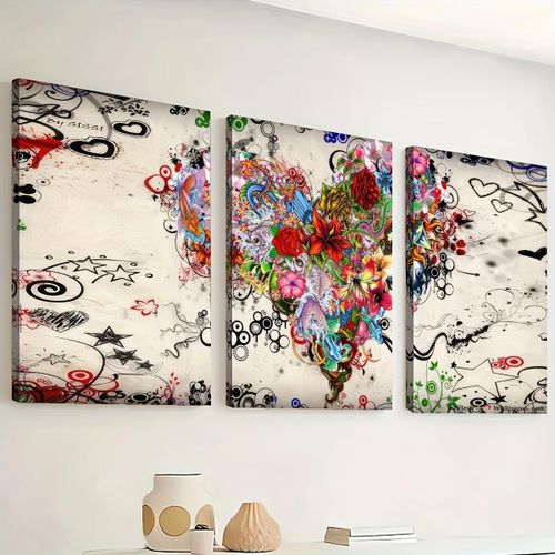 Tableau Mural Art Abstrait Pop Art Cœur de Fleurs et Graffiti Triptyque 3 Pièces 60 x 40 cm - Toile Canvas HD sur Châssis Bois
