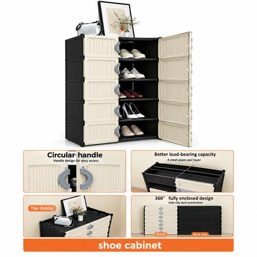 Armoire à Chaussures Modulable 5 Niveaux avec Portes Anti-Poussière – Meuble de Rangement Pliable Grande Capacité – Shoe Cabinet Multifonction pour Entrée, Chambre et Dressing