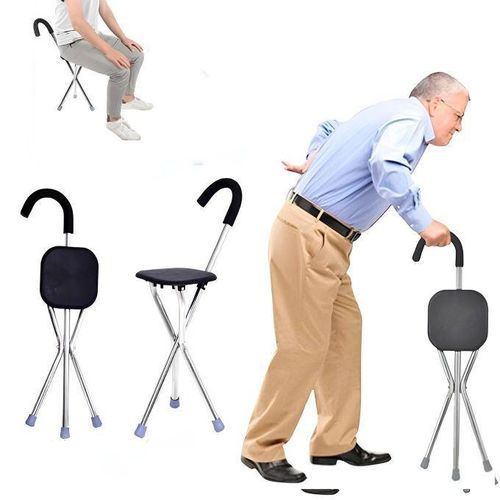 Canne Chaise Pliante 2 en 1 Réglable – Canne de Marche avec Siège Portable Antidérapant – Tabouret 3 Pieds Support 100Kg – Légère et Solide pour Personnes Âgées, Voyage et Attente