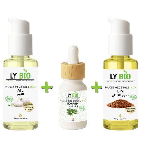 PACK HUILE AIL 50ML - POMPE HUILE ESSENTIEL ROMARIN 10ML HUILE LIN 50ML - POMPE