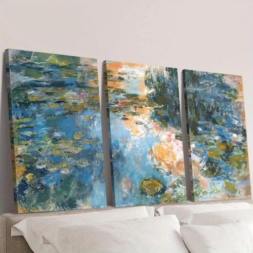 Tableau Mural Impressionniste Nymphéas et Reflets d'Eau Monet Style Bleu, Vert et Touches Dorées 3 Pièces 60 x 40 cm - Toile Canvas HD - Style Classical Impressionism & Nature Pond - Décoration Salon Chambre Bureau - Châssis en Bois
