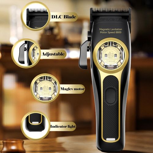 Tondeuse à cheveux professionnelle sans fil avec moteur brushless, lame DLC réglable, accessoires inclus - Idéale pour homme, noir.
