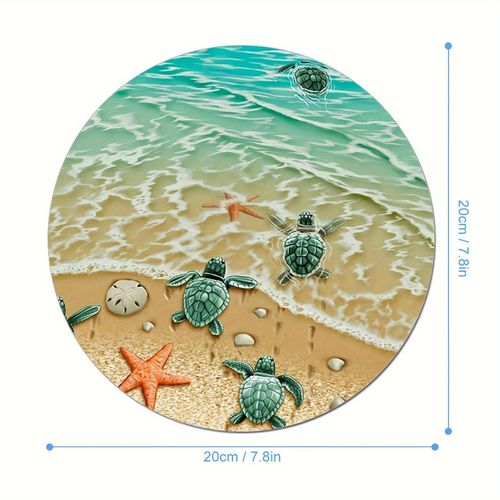 Adorable Tapis de Souris Rond Tortue & Étoile de Mer - 19.81cm Design Thème Océanique, Base en Caoutchouc Antidérapante, Parfait pour le Travail & le Gaming, Petite Taille, Décor Tortue