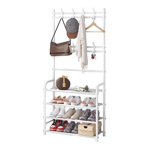 Organize Porte Manteau sur Pieds - Vestiaire avec 4 Étagères de Rangement a Chaussures - Meuble Entree en Acier avec 8 Crochets, pour Manteaux, Chapeaux, Sacs