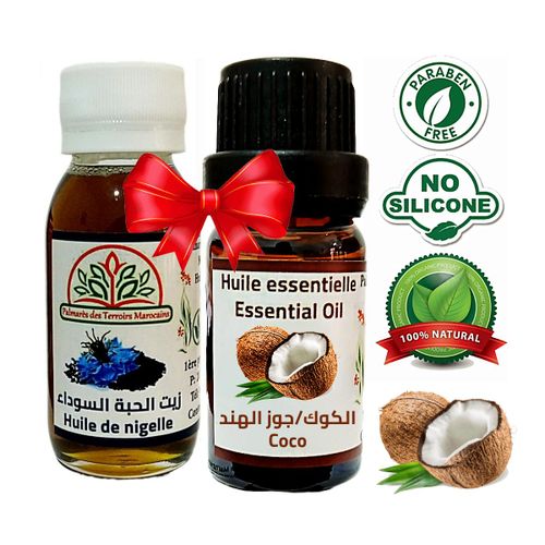 زيت جوز الهند الأساسي 10 مل - عطر حلو وغني 100٪ من الزيوت الطبيعية + زيت الحبة السوداء 100٪ طبيعي (كمون أسود) 60 مل