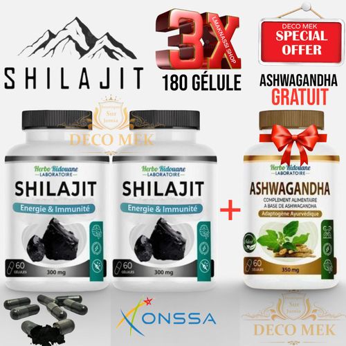 Pack 3 Bouteilles Complément Alimentaire- A'shwagandha 350 mg, 60 Gélules - Shilajit 300 mg, 120 Gélules, réduit le stress et soulage les troubles digestifs, Vitalité & endurance - Anti-stress naturel - désir sexuelle.