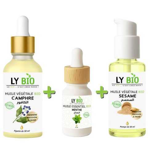 PACK HUILE CAMPHREE 50ML - PIPETTE + HUILE ESSENTIEL MENTHE 10ML + HUILE SESAME 50ml - POMPE