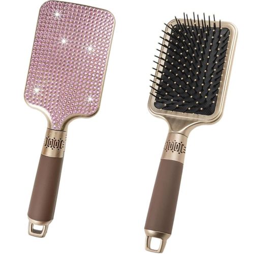 فرشاة شعر تدليك عصرية مع بلورات وردية، فرشاة شعر مزينة بأحجار ، مشط فك التشابك للنساء