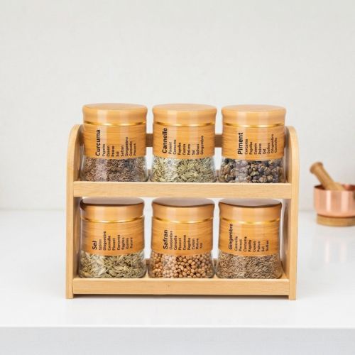Pack de 6 Bocaux à Épices en Verre et Bambou - Support de Rangement Design pour Cuisine