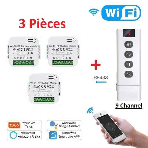 3 Interrupteur WiFi & RF avec Télécommande 9 Channel pour rideaux, volet roulant,Tuya,Google Home, Alexa