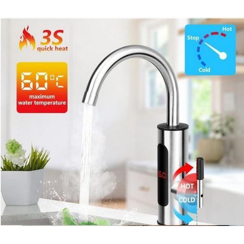 Robinet chauffe eau electrique instantane en acier inoxydable, Mitigeur de cuisine avec affichage numerique LED de temperature, Chauffe eau instantane pour evier eau chaude et froide rapide sans ballon pour cuisine et salle de bain