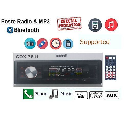 Radio Voiture Bluetooth CDX-7611 LCD- SD CARD -FM -AUX-MP3 WMA FLAC pour USB