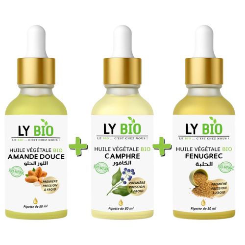 PACK HUILE AMANDE DOUCE 50ML - PIPETTE + HUILE CAMPHREE 50ML - PIPETTE + HUILE FENUGREC 50ML - PIPETTE