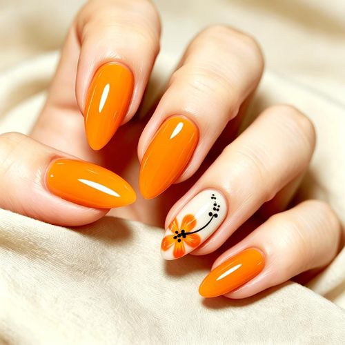 Lot de 24 Faux Ongles Orange en Forme Amande – Brillants avec Motifs Fleurs, Ongles à Presser Tendance pour Femme